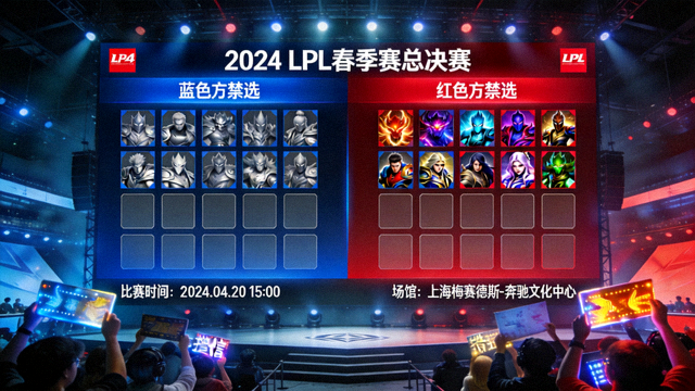 LPL 春季赛总决赛现场大屏展示双方 BP 禁选界面
