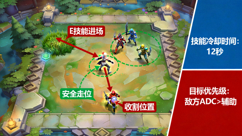 英雄联盟下路卡莎 E 技能进场收割走位路线图